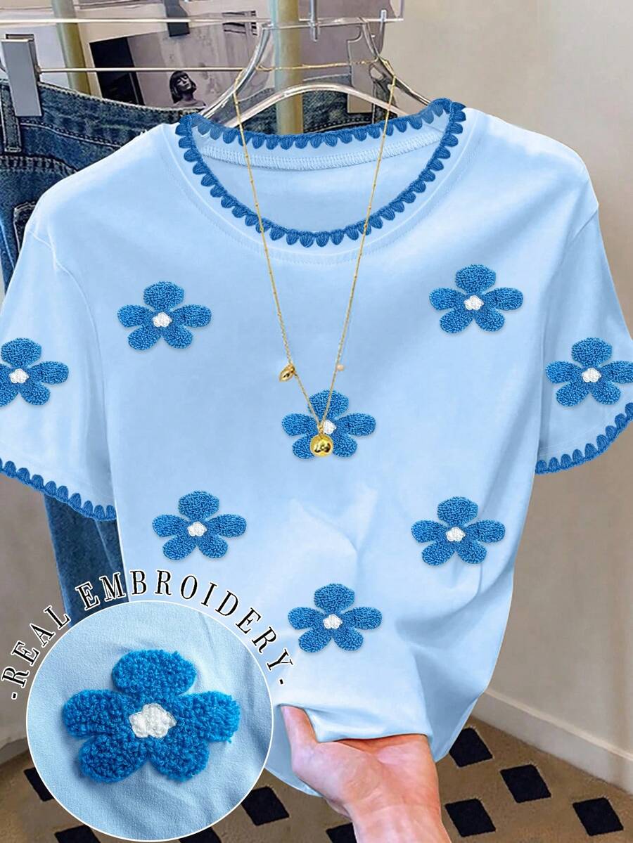 Resyla Camiseta de mujer de moda casual con cuello redondo y hombros caídos, bordada con concha, Camiseta bordada con flores, Camiseta bordada con toalla floral, Camiseta casual y cómoda para exteriores, Camiseta para todas las estaciones, Camiseta floral - Azul menta - Ver 1