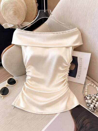 Franclia 女士优雅荷叶边领露肩修身衬衫，杏色，优雅女装，女士夏季服装，夏季上衣，嘉年华女装，婚礼及活动，女士度假装，府绸面料，荷叶边领，侧边褶皱，露肩上衣，时尚百搭，优雅通勤装，短袖衬衫