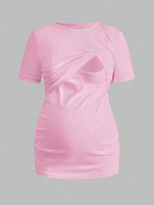 Modmama 3pcs/Set Pregnant Women Solid Color Ruched Nursing Function Casual Daily Short Sleeve Tops - Baby Blue - View 4