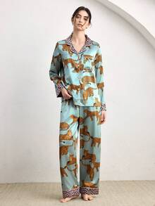 Ocili 2pcs/Set Women Leopard Color Blocking Pajama Set Holiday Season, Fall Winter Clothes - Multicolor - View 2