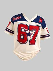 SHEIN 女童V领条纹数字印花短袖T恤 - 彩色 - 查看 7