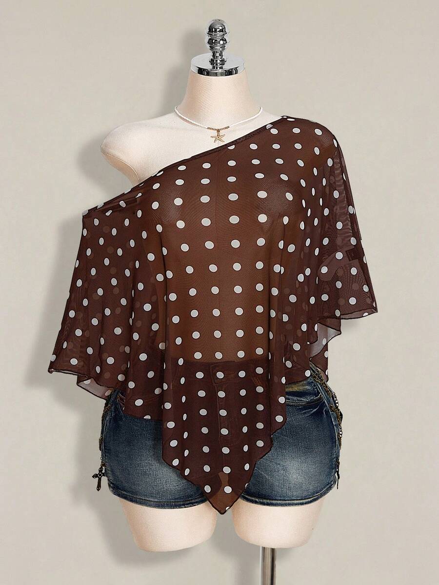 SHEIN ICON 大码女式黑白波点不对称肩部网纱上衣 - 棕色 - 查看 1