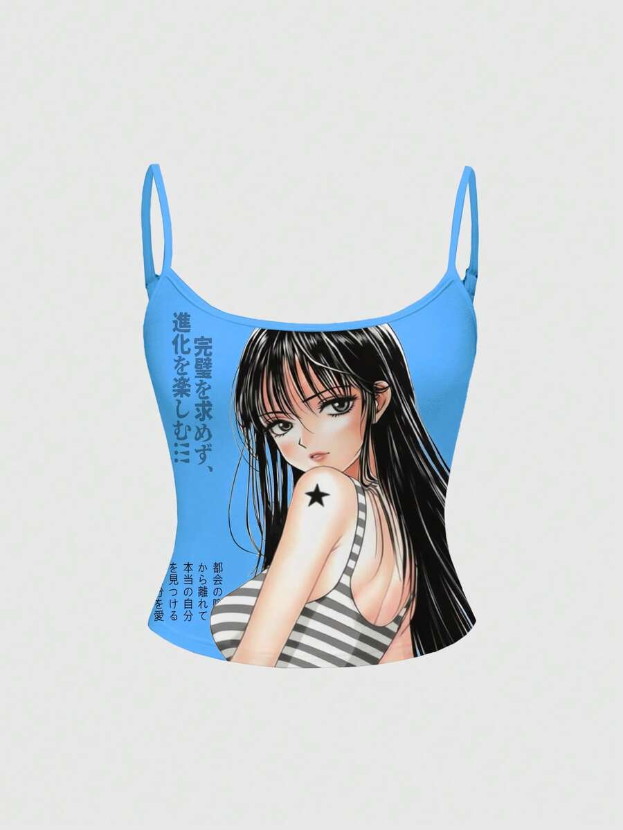 ROMWE Áo hai dây mùa hè gợi cảm in hình cô gái anime cổ điển dành cho nữ. - Màu xanh lam - Xem 1