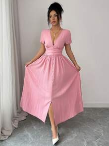 Elenzga Women's Elegant Solid Color Backless Mid-Length Dress - Pink - View 4