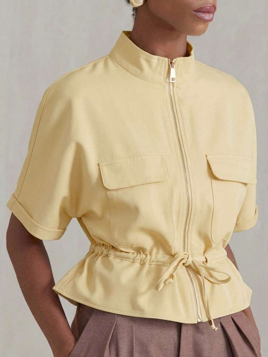 Aveloria Modichic Fashionable Short Utility Shirt, With Two Symmetrical Chest Pockets, Cinched Waist Design, Overall Neat And Practical - Light Yellow - View 1