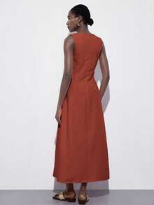 Aveloria Modichic Rust Brown,Summer,Effortless Chic,Brunch Square Neck Sleeveless Wide Strap Front Button Long Pink Dress,Linen-Like Flowing Skirt For Wedding - Brown - View 6