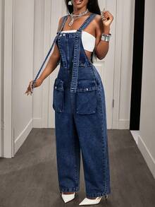 Slaydiva Women's Solid Color Minimalist Casual Denim Bib Pants And Jumpsuit - Dark Wash - View 4