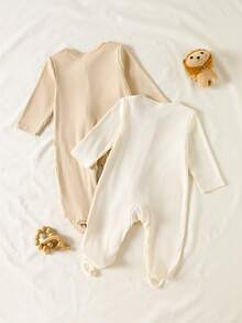 2pcs Newborn Baby Boys/Girls Casual Ribbed Lion & Leopard Cartoon Pattern Comfortable Zip-Up Jumpsuit, Suitable For All Seasons - Multicolor - View 2