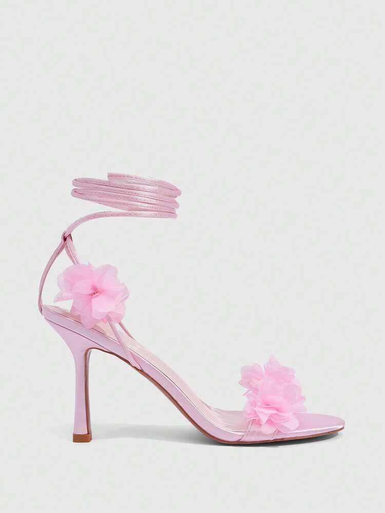 CUCCOO SZL Women Shoes Pink Satin Satin Bouquet Decoration Fashion Sexy Wedding Strap Round Toe High Heel Sandals Prom Heels Summer Shoes