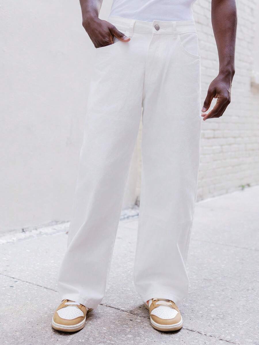 BelSigned BelSigned 1pc Vintage Wash Relaxed Fit Wide Leg Jeans, Casual Loose Long Pants For Men - White - View 1