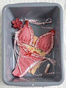Swim Mod 两件套波点随机印花蝴蝶结装饰挂脖三角上衣和侧系带泳裤性感比基尼套装，春夏海滩度假红色格子比基尼红色方格比基尼荷叶边比基尼蝴蝶结比基尼两件式泳衣波点比基尼旅行度假两件套红色泳衣Zestiva泳装春夏精选Yummy Control泳衣 - 彩色 - 查看 5