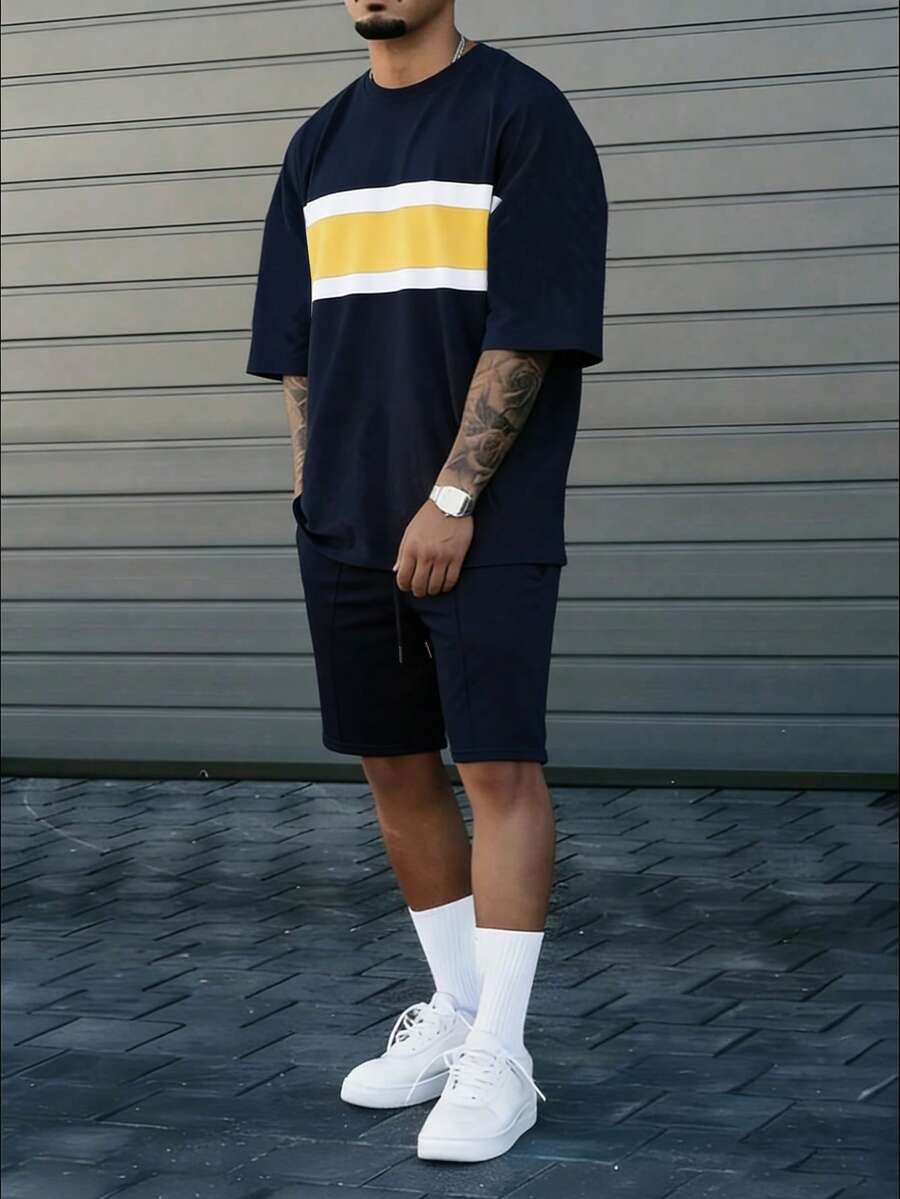 Manfinity Homme Men's Navy Blue Spring/Summer Mature T-Shirt Set - Multicolor - View 1