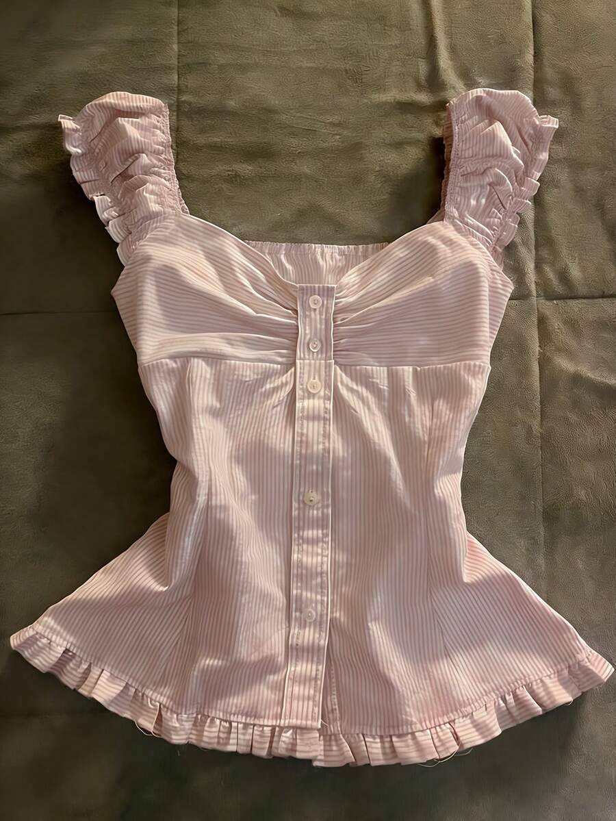 Glimmora Blusa de mujer con diseño de botones a rayas y volantes en el bajo - Rosa - Ver 1