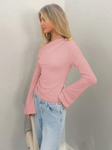 Sydney Algeri Women's Solid Color Metal 3D Flower Decor Asymmetrical Shoulder T-Shirt - Pink - View 4