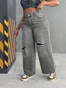 EMERY ROSE Plus Size Women's Non-Stretch Distressed Washed Loose Straight Leg Cargo Jeans, Light Blue - Light Grey - View 5