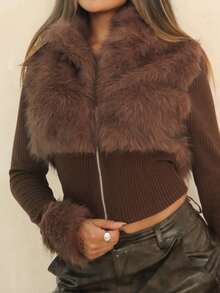 Rayane Ketlyn 时尚街头风格女士仿皮毛拉链长袖夹克 - 棕色 - 查看 3