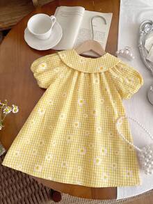 女婴可爱黄色彼得潘领蝴蝶结短袖连衣裙，夏季 - 黃色 - 查看 2