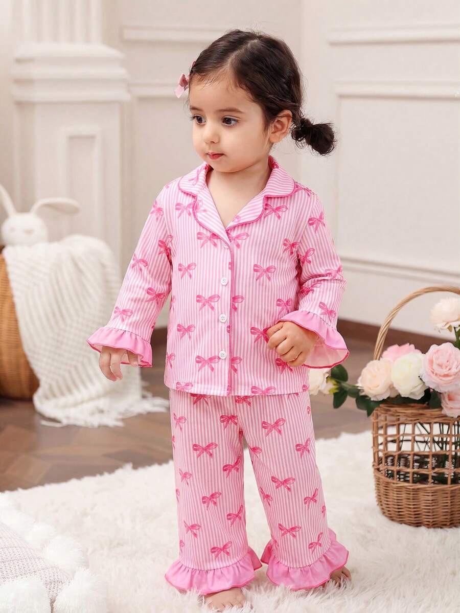 Dozemod Set Piyama Rajut Lembut Lengan Panjang dan Celana, Motif Pita Minimalis Manis untuk Bayi Perempuan, 2 Potong, untuk Bayi Perempuan - MultiWarna - View 1