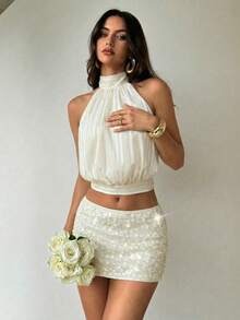 Aloruh 女士新款杏色套装，无袖缎面条纹吊带背心搭配低腰亮片迷你裙，优雅派对装、下午茶装、约会装 - 杏色 - 查看 4