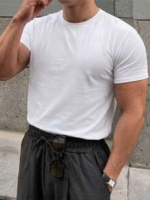 DAZY Plus Size Men's Solid White Crew Neck Short Sleeve T-Shirt, Summer - White - View 1
