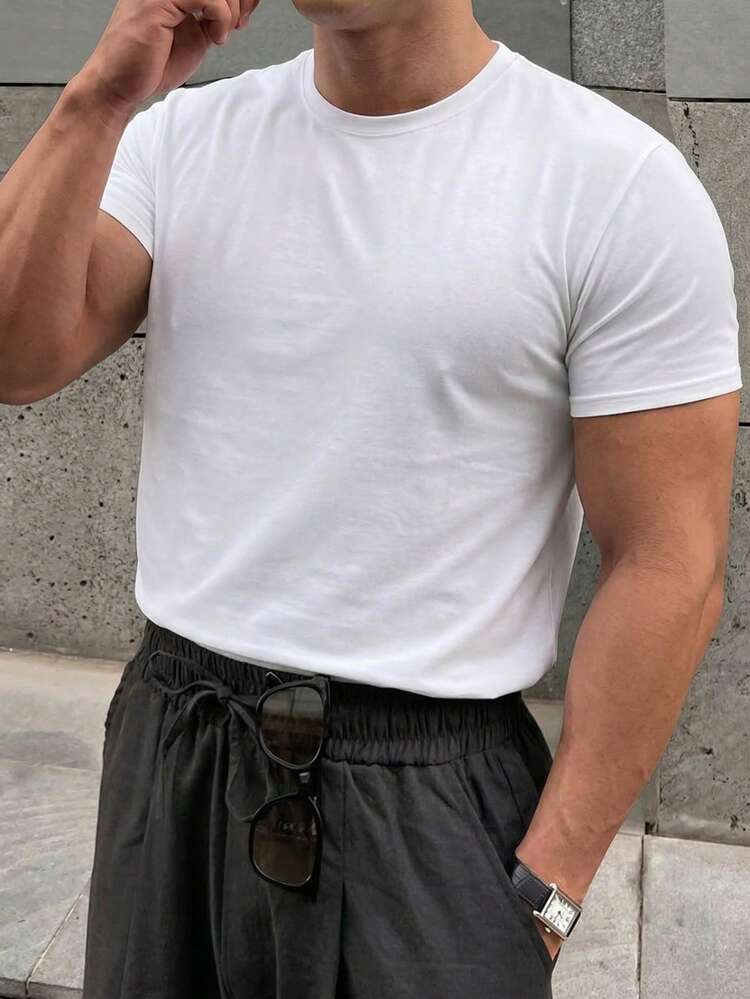 Plus Size Men's Solid White Crew Neck Short Sleeve T-Shirt, Summer