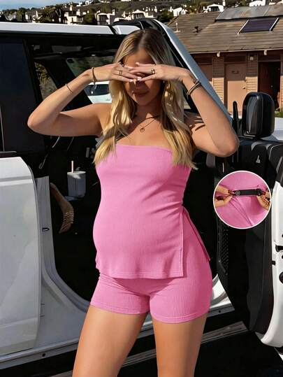 SHEIN 2pcs Maternity Set: Solid Color Bandeau Top With Side Slit And Adjustable Waist Shorts