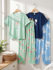 Tween-Mädchen Pyjama-Set mit Flamingo-Muster, 2-teilig, Marineblau - Verschiedenfarbig - Übersicht 4
