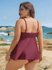 Swim Mod Plus Size Women Sweet Solid Color Front Tie Camisole Tankini Swimwear Set - Burgundy - View 2