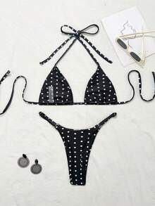 Swim Mod 2pcs Polka Dot Print Sexy Bikini Set, Micro Triangle Briefs, Summer - Black and White - View 3