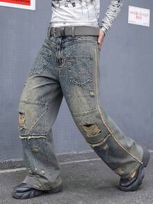 Manfinity EMRG Men's Casual Washed Distressed Denim Jeans - Bronze - View 5