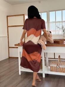 SHEIN 女士数码印花波浪纹休闲短袖睡裙 - 棕色 - 查看 2