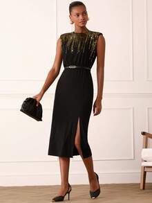 Women's Elegant Sequins Embroidered Mid-Length Dress - Black - View 4