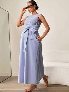 MaterniWear Đầm bầu kẻ sọc, eo xoắn, kiểu dáng thường ngày, thích hợp cho kỳ nghỉ. - Màu xanh lam - Xem 1