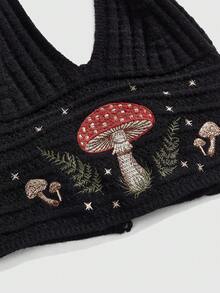 ROMWE Áo len dệt kim cỡ lớn dành cho nữ, thêu hình nấm theo phong cách nghỉ dưỡng Hippie và đính cườm. - màu đen - Xem 3