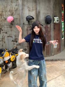 K-Vae American Sexy Regular-Shoulder Short Sleeve T-Shirt, Women Round Neck Stylish Top - Navy Blue - View 5