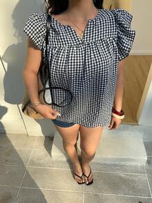 Sunnyshic Plus Size Women's Black And White Notch Neck Vintage Plaid Embroidered Blouse,Flutter Sleeve Design,Summer Casual Picnic Beach Shirt, Vacation - Multicolor - View 5