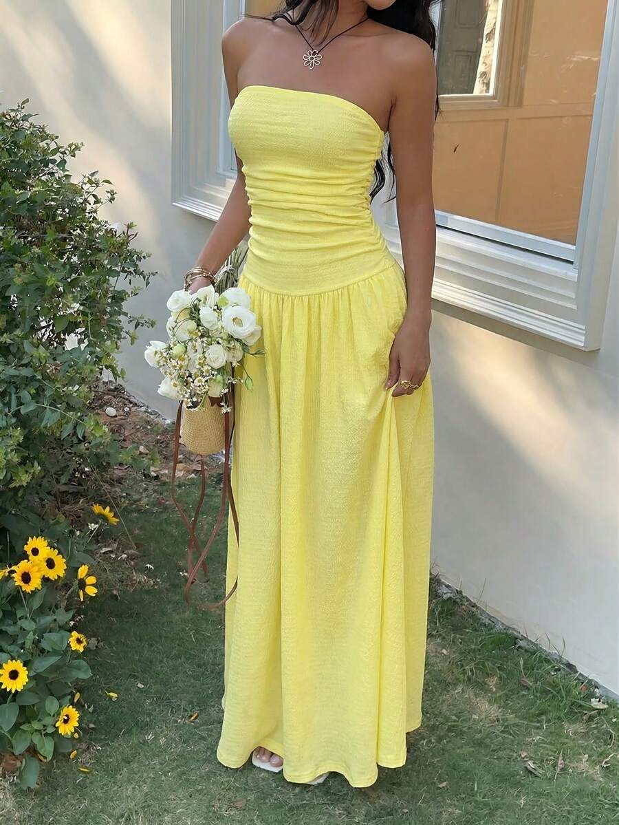 SHEIN EZwear 女士针织长款无肩带连衣裙，夏季女装连衣裙，女士夏季连衣裙，女士服装连衣裙，惊艳连衣裙 - 鵝黃色 - 查看 1