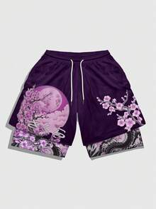 ROMWE MEN Anime 男士龙纹抽绳腰双层短裤 - 彩色 - 查看 4