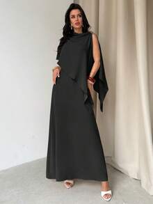 Firerie 女士优雅简约日常通勤休闲居家户外婚礼宾客连衣裙，橙色不对称肩短袖修身超长连衣裙，端庄连衣裙，婚纱，教师装 - 黑色 - 查看 6