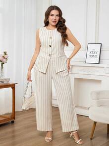 Chikora 大码夏季休闲通勤条纹背心和裤子两件套 - 杏色 - 查看 7