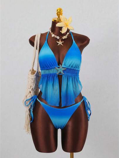  Swim Bonvoyette 两件套泳衣，渐变随机海星印花蓝色吊带三角上衣和侧系带泳裤，性感泳装，女士，春夏款