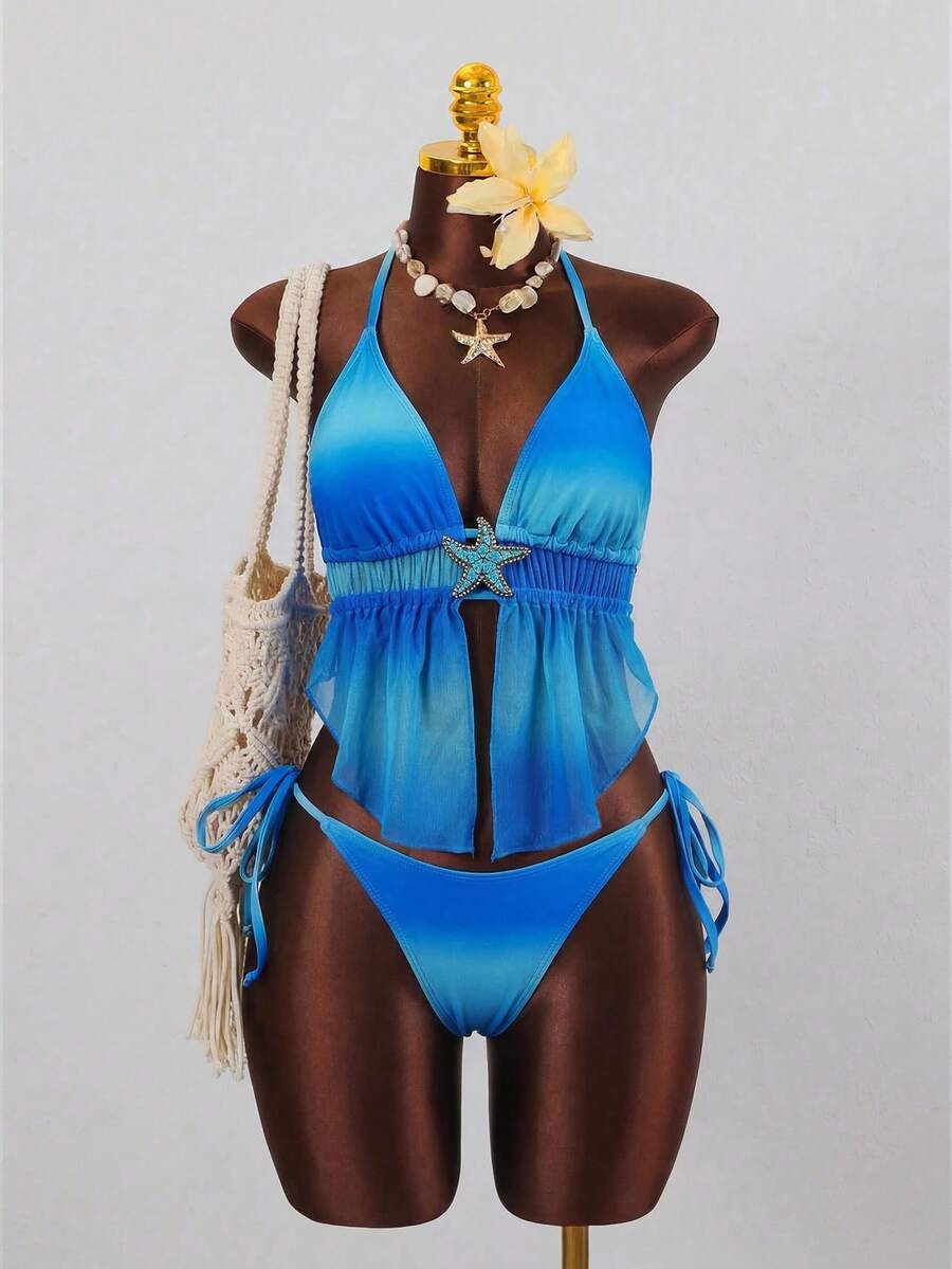 Bộ đồ bơi 2 mảnh Bonvoyette, họa tiết sao biển ngẫu nhiên chuyển màu, áo tam giác hai dây và quần buộc dây bên hông, kiểu dáng gợi cảm dành cho nữ, thích hợp cho mùa xuân/hè. - Màu xanh lam - Xem 1