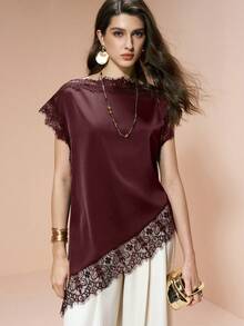 Arave 2026 Women Summer Burgundy Satin Lace Elegant Long Top,Autumn Asymmetric Hemline Blouse,Modern Urban Casual Business Office Wear, Wedding Guest - Burgundy - View 7