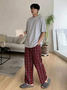 DAZY 男士紅色格紋長褲與T恤套裝休閒居家服，春夏睡衣 - 彩色 - 查看 4