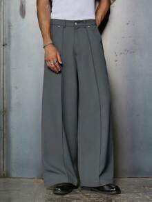 PAVTROS Men's Black Loose Casual Wide Leg Straight Pants, And Versatile Formal Pant Hakama Pants Trousers Men Wide Leg Trousers Men High Waisted Trousers Men - Dark Grey - View 6