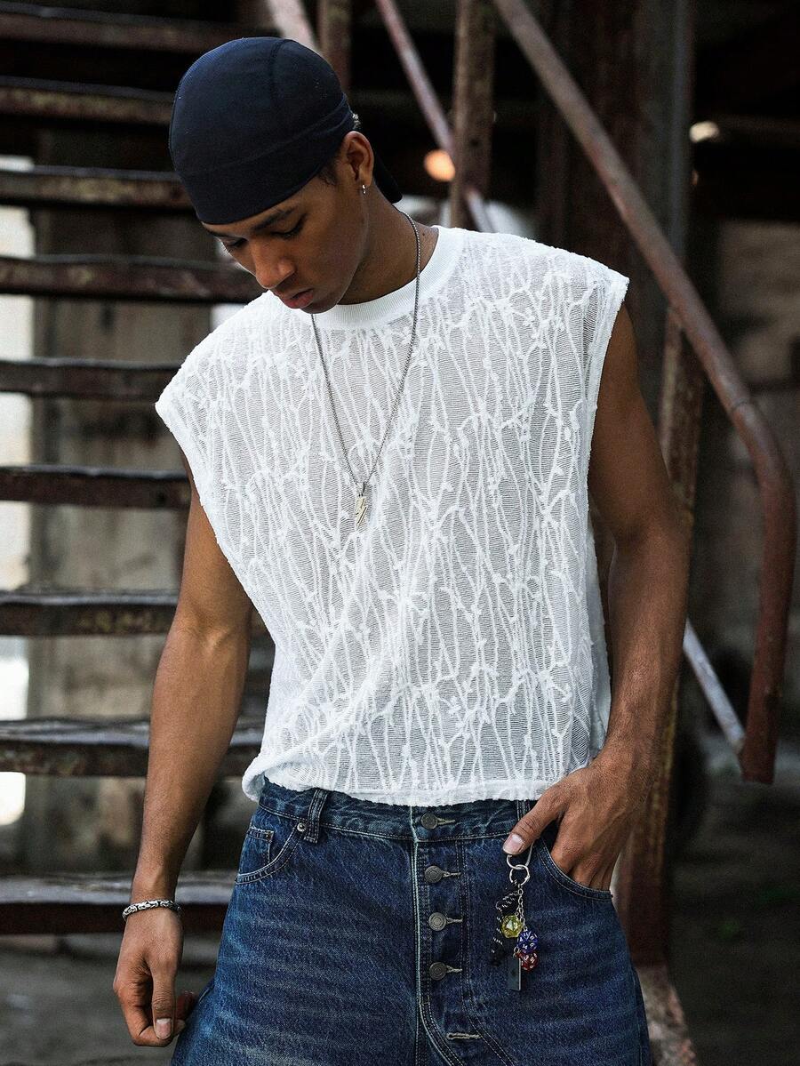 PAVTROS Men's Summer Casual Solid Color Textured Tank Top Muscle Tee For Men Mens Tank Top Muscle T-Shirt Mens T-Shirt - White - View 1