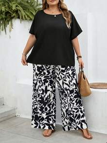 SHEIN CURVE+ Kích cỡ US22 (dành cho người có thân hình đầy đặn) Lễ hội âm nhạc, Kỳ nghỉ bên bờ biển, Phong cách Bohemia Bộ 2 món áo sơ mi rộng và quần họa tiết hoa nhí dành cho nữ, trang phục mùa hè - màu đen - Xem 3