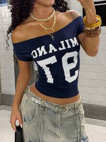 SHEIN HypeZone Áo thun nữ mùa hè trễ vai, mã số MILANO 97, áo crop top tay ngắn phong cách Punk Y2K, viền cuốn, khoét hở, màu xanh navy. - Màu xanh hải quân - Xem 5
