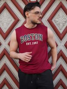 LEOGASHI LEOGASHI 男士休闲简约印花背心，适合日常穿着 - 酒紅色 - 查看 7