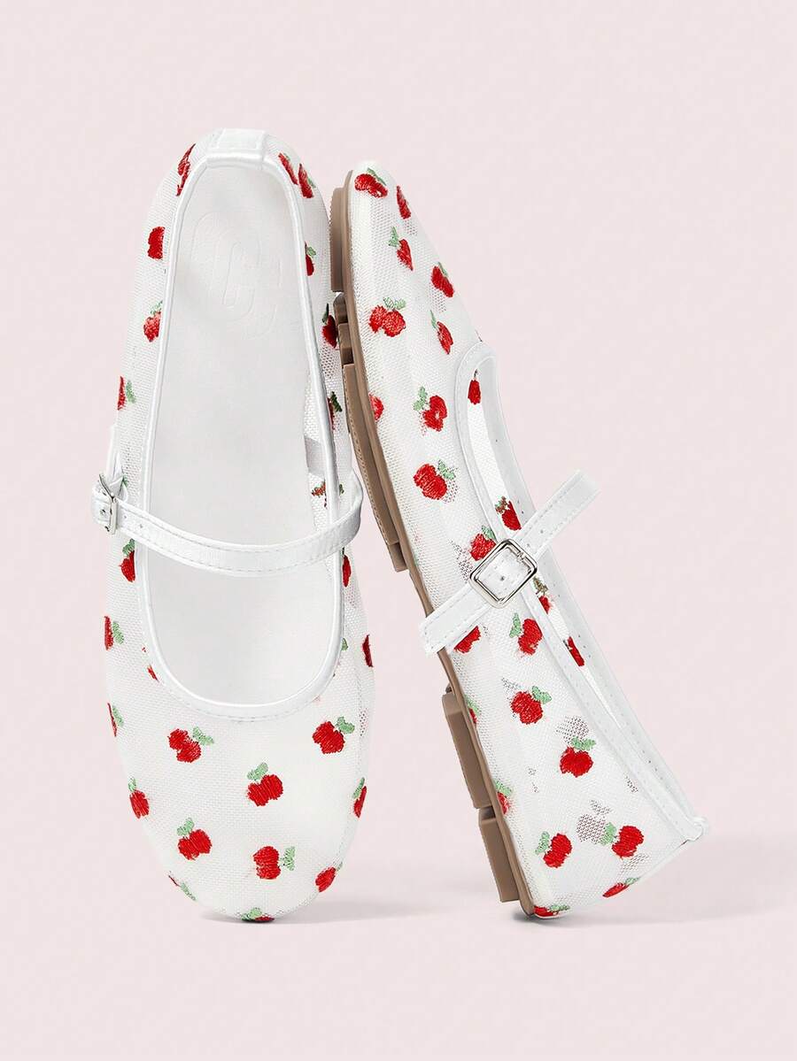 CUCCOO DOLLMOD Women's Shoes Fashion Round Toe Flower Embroidery With Mary Jane Flats Cute And Sweet - White - Apple - View 1